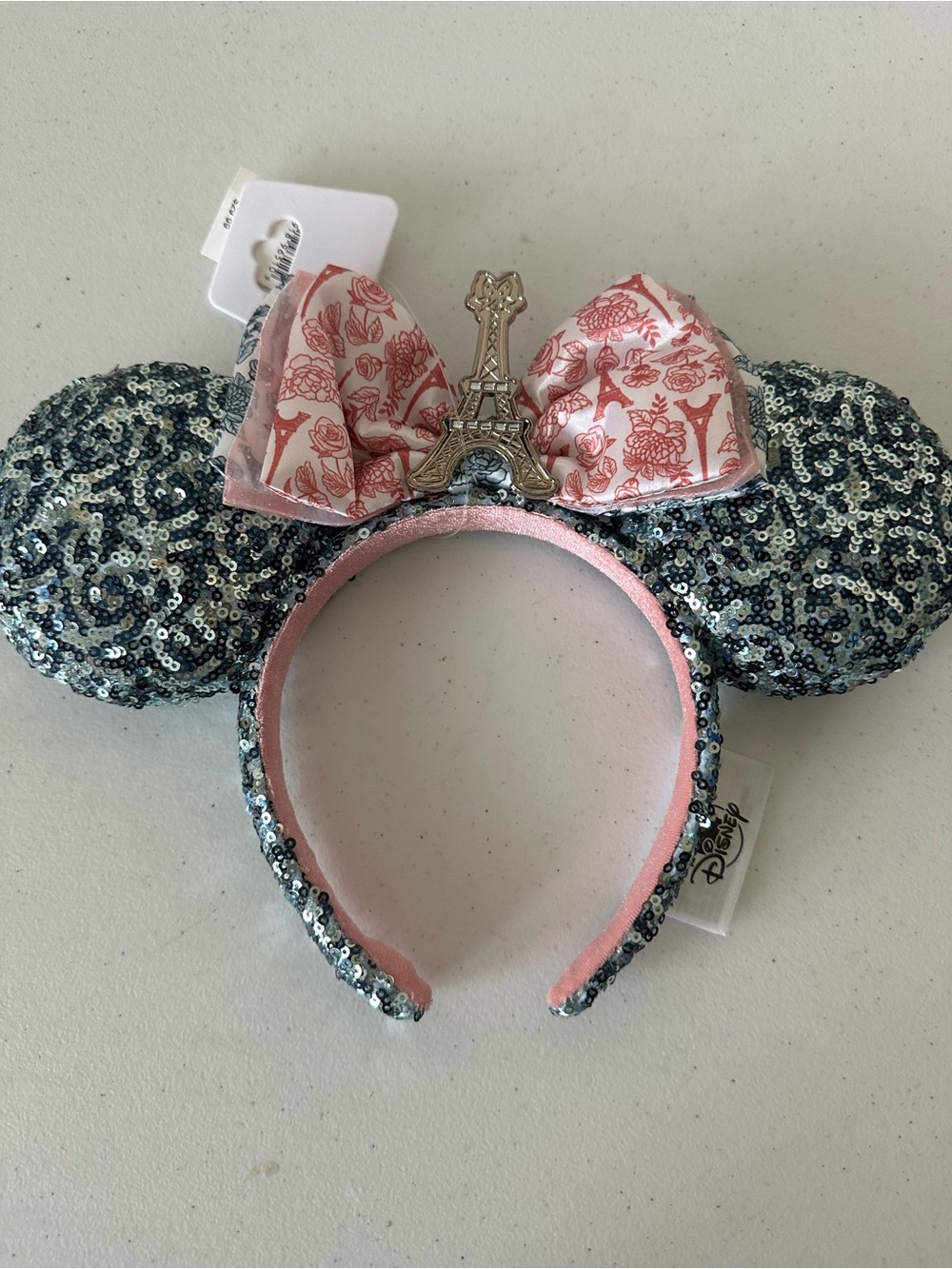 Disney Paris Sequin Minnie Ears Headband with Pink Bow NWT